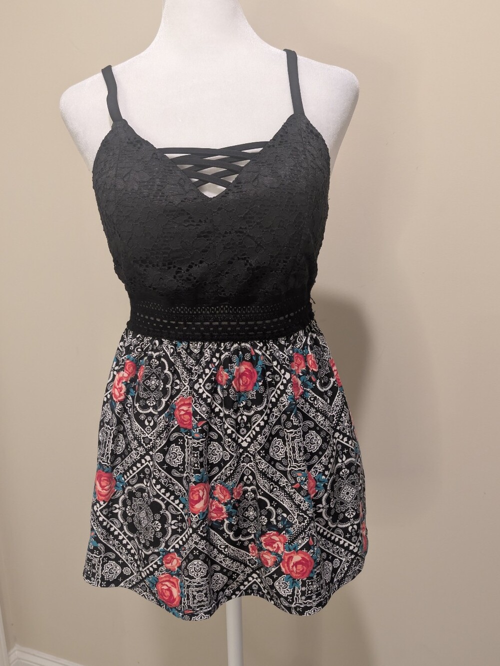 No Boundaries Black and Pink Floral Lace Babydoll Top